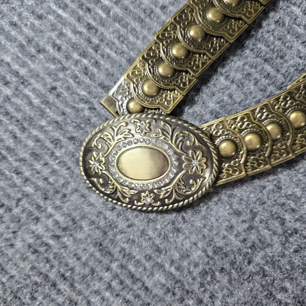 Vintage Style‎ Stretch Metal Belt Antique Brass Floral Oval Rhinestone Buckle